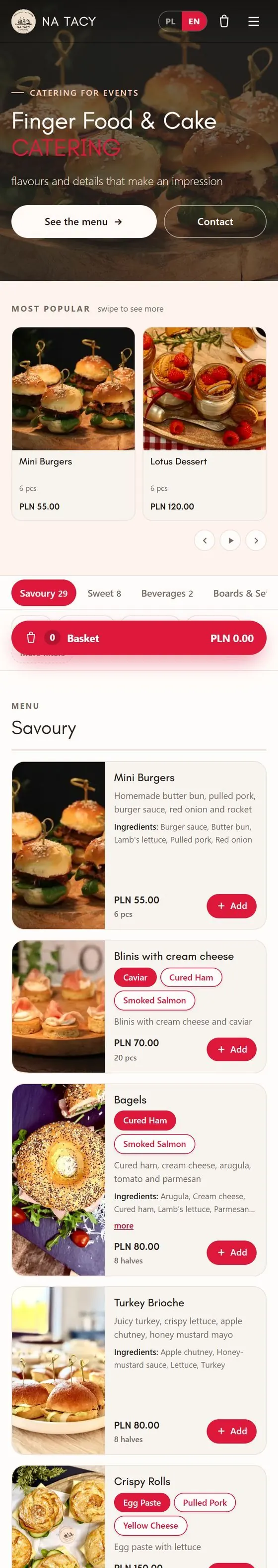The na-tacy.pl online shop on a phone: the menu with photos, prices and an Add button