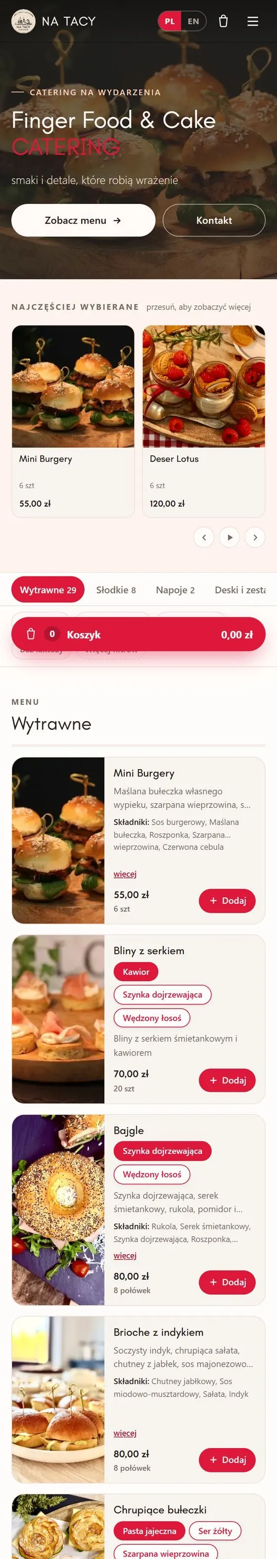 Sklep internetowy na-tacy.pl na telefonie: menu ze zdjęciami, cenami i przyciskiem Dodaj